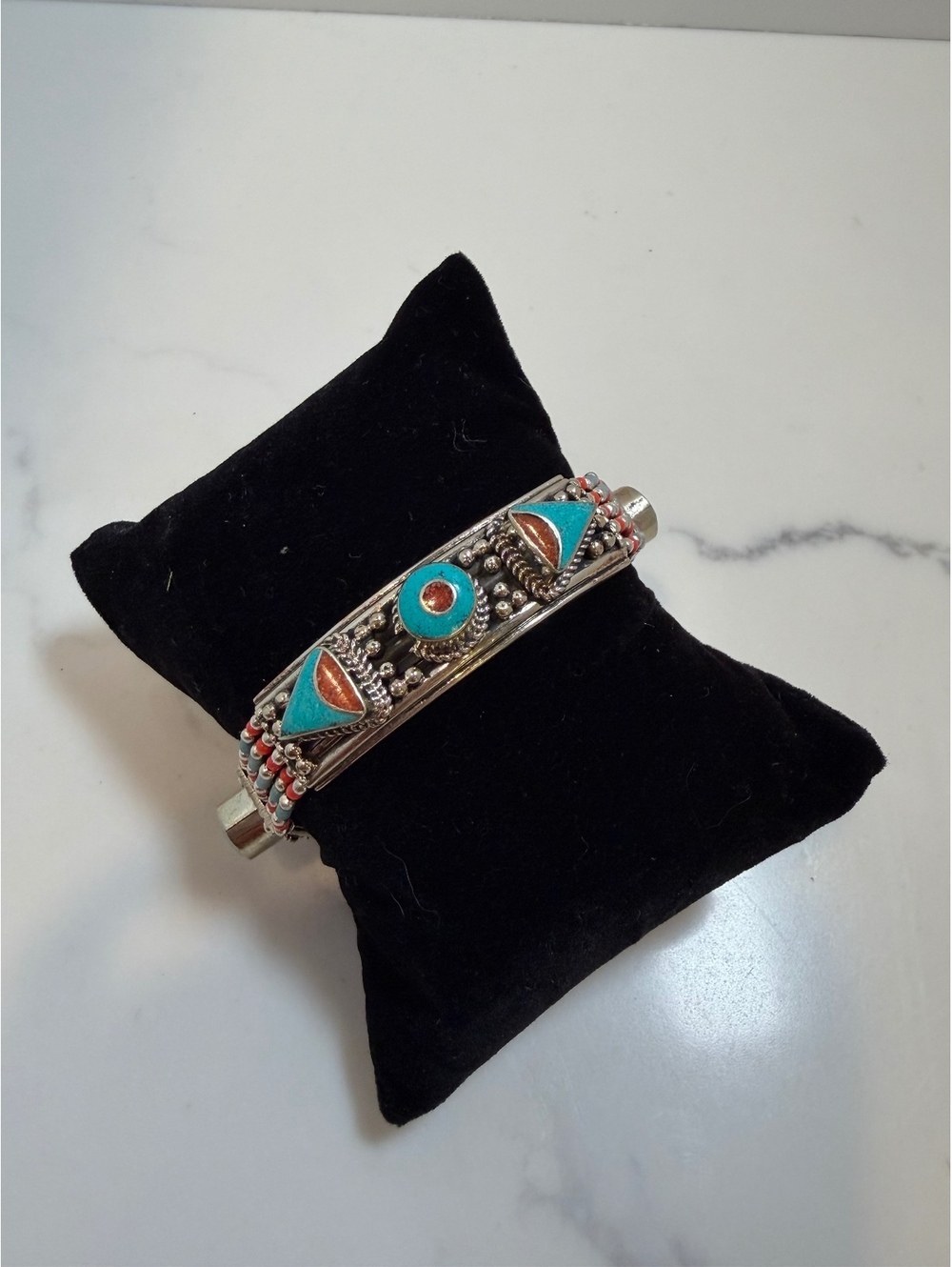 Vintage Tibetan Silver Bracelet with Turquoise and Coral Inlay